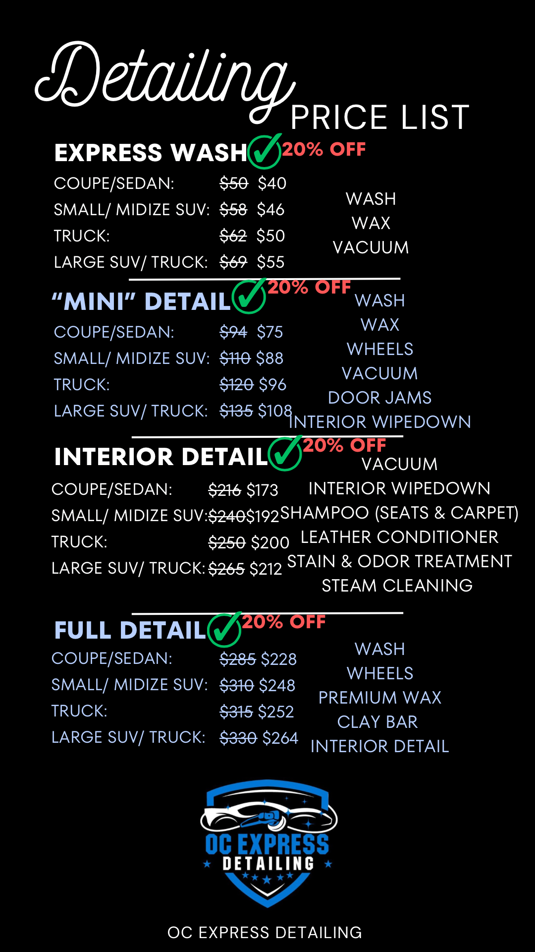 Price List with all of our different detailing services